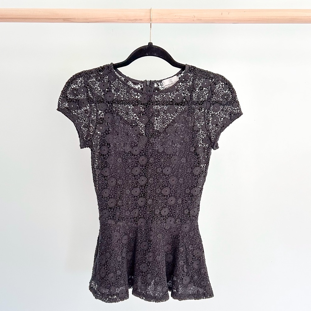 Miguelina Black Floral Lace Crochet Peplum Top Blouse Size XS